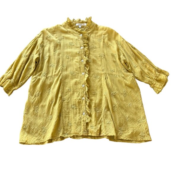 Kyla Seo High Neck Ruffled Boho Chic Mustard Colored Cotton Blouse - Picture 1 of 4